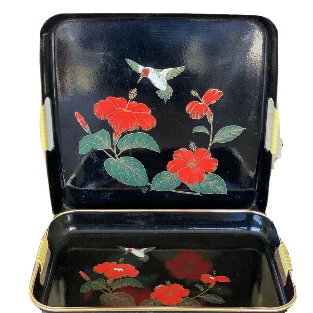 Pair of Vintage Japanese Black Lacquer Trays! Chic Hostess Gear!
